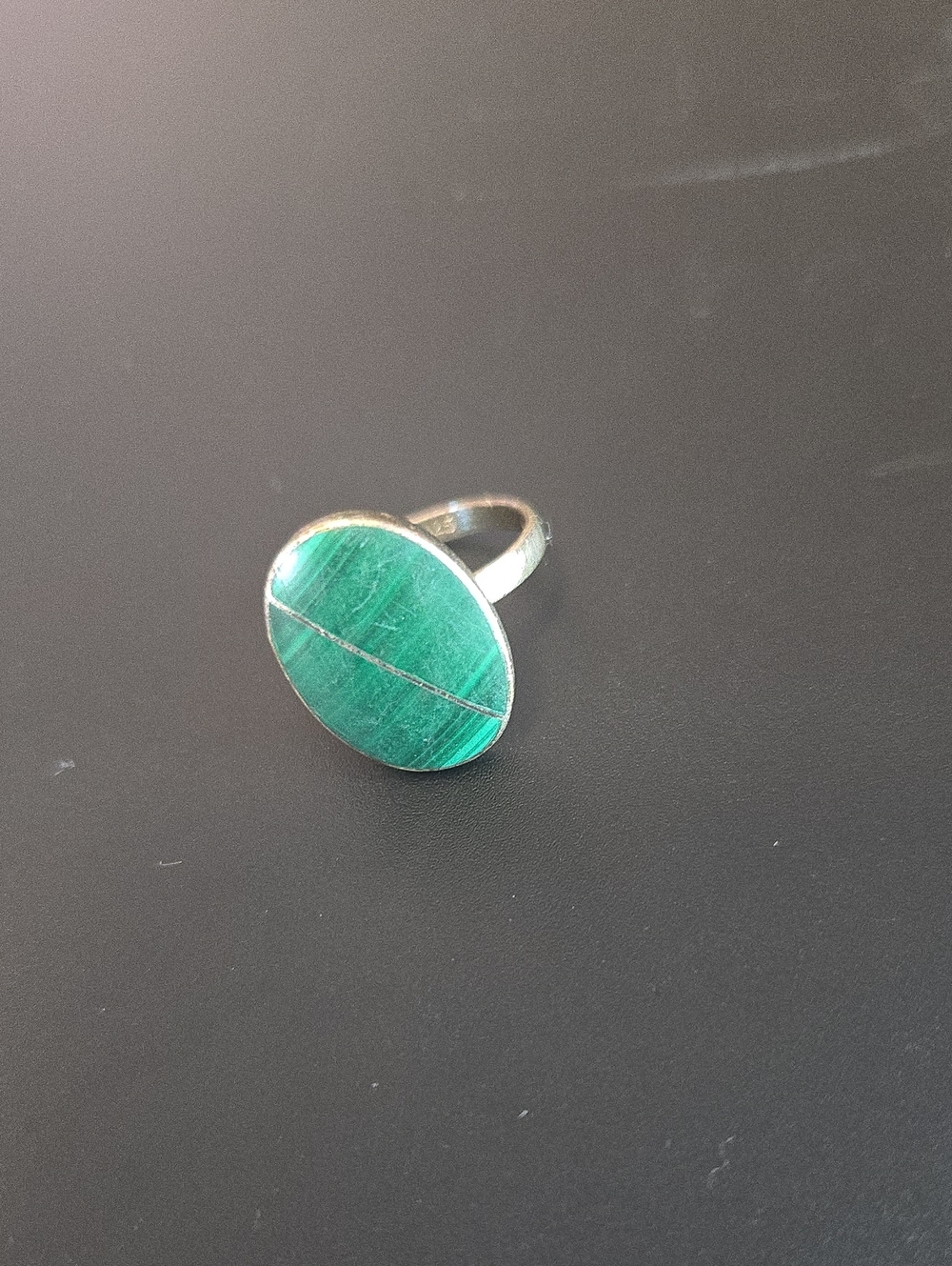 Green Silver Tone Oval Stone Ring
